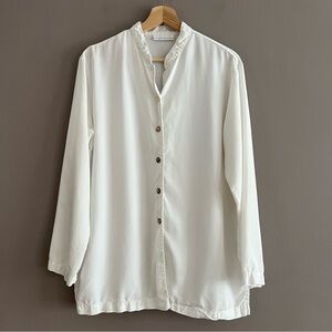 Bryn Walker Tunic Blouse Front Buttons Mandarin Collar Lagenlook White Sz S